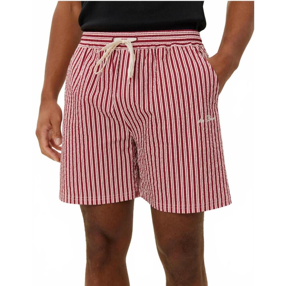 NEW LES DEUX stan stripe seersucker swim shorts in beet red